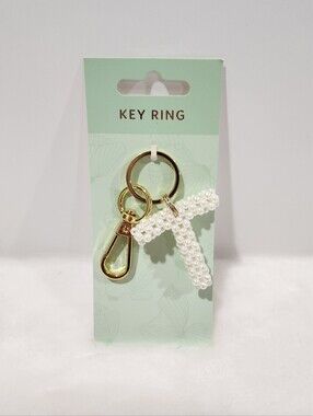 Initial Letter T White Knitted Woven 3D Beaded Pearl Gold Keychain Bag Charm NWT